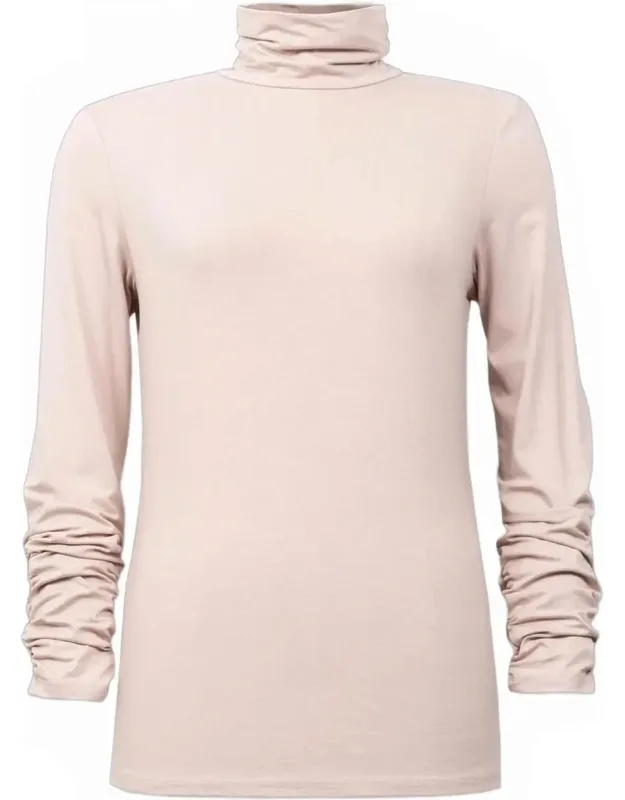 Turtleneck Top With Rouching At Sleeve