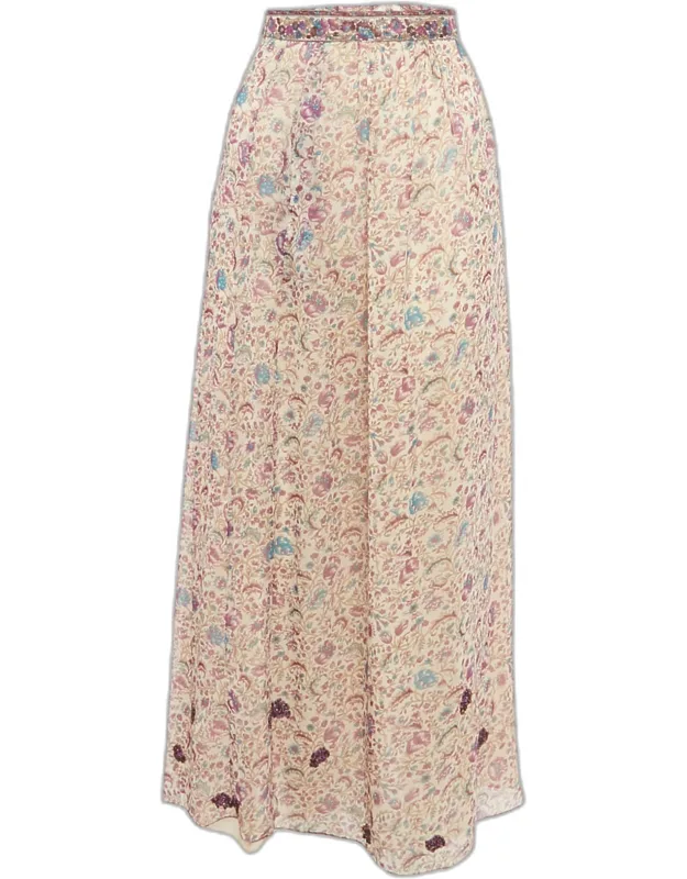 Floral Printed Chiffon Embellished Detail Midi Skirt