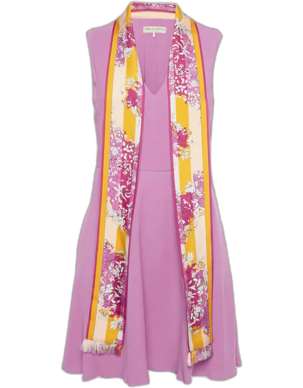 Silk Printed Neck Tie Detail Crepe Mini Dress
