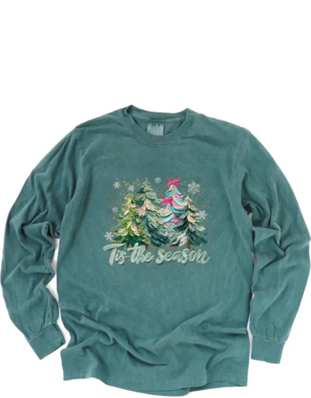 Tis The Season Painted Trees - Garment Dyed Long Sleeve Graphic T-shirt