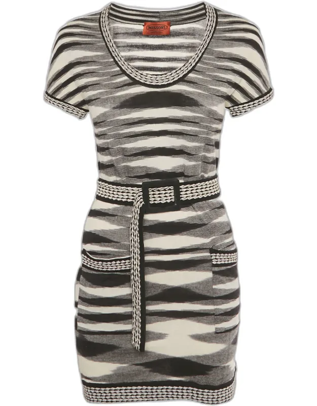 Patterned Wool Knit Belted Mini Dress