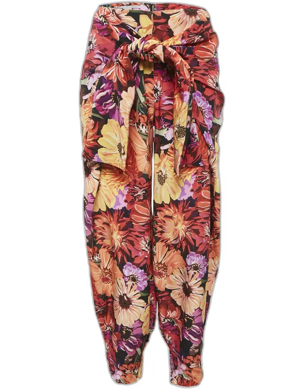Floral Print Silk Tie-up Trousers