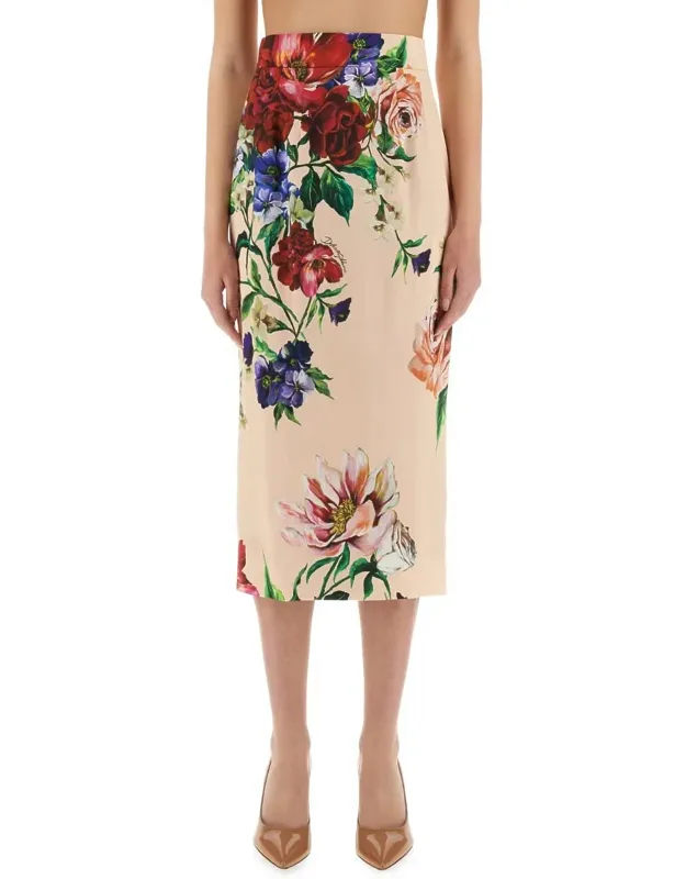 Flower Print Satin Midi Pencil Skirt
