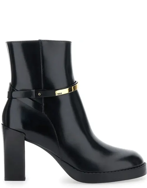 Ankle Boots With High Block Heel And Gold Metal Detail In Leather