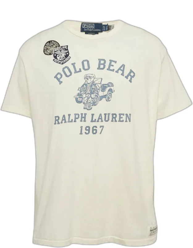 Cream Print Cotton Crew Neck T-shirt