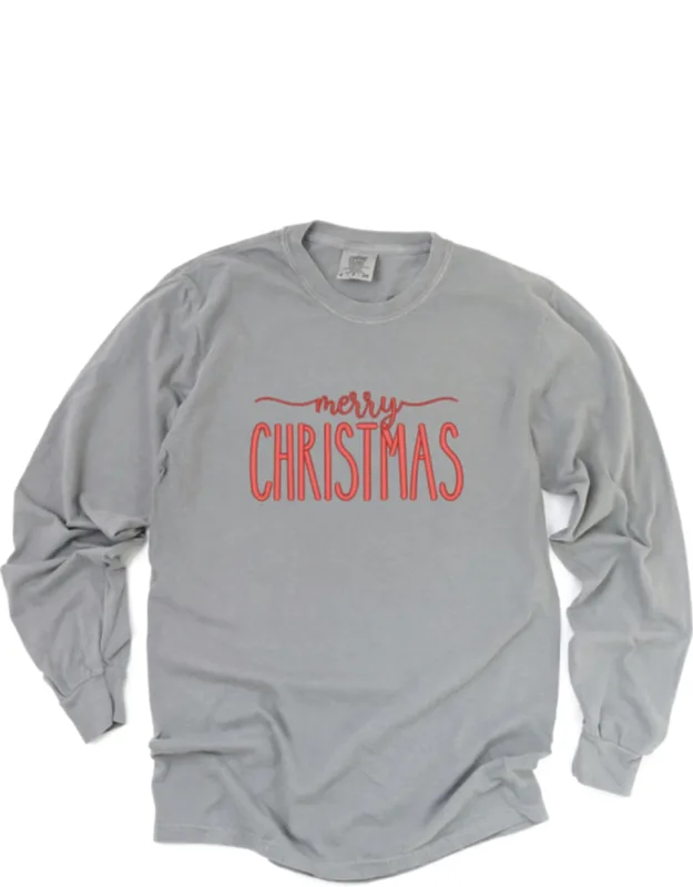 Embroidered Merry Christmas - Garment Dyed Long Sleeve Graphic T-shirt