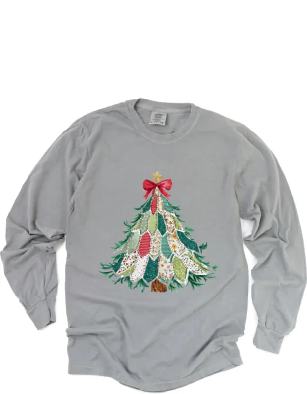 Christmas Tree Stitched Garment Dyed Long Sleeve Graphic T-shirt