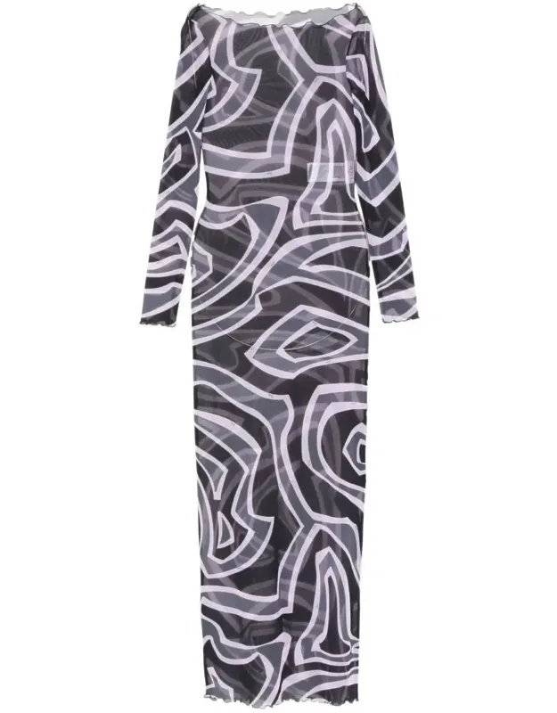 Abstract-print Long-sleeved Tulle Maxi Dress