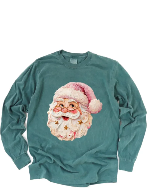 Santa Face Textured Paint - Garment Dyed Long Sleeve Graphic T-shirt