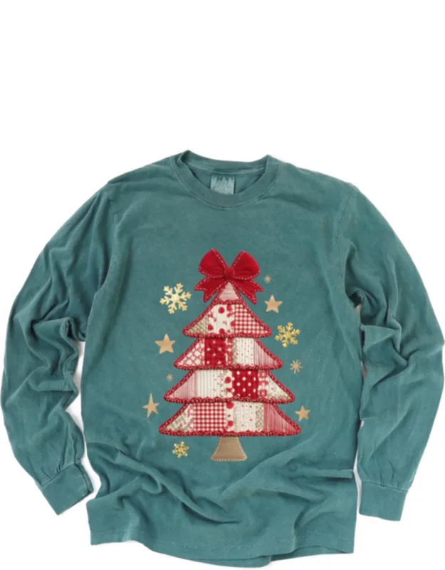 Christmas Tree Red Patchwork Print - Garment Dyed Long Sleeve Graphic T-shirt