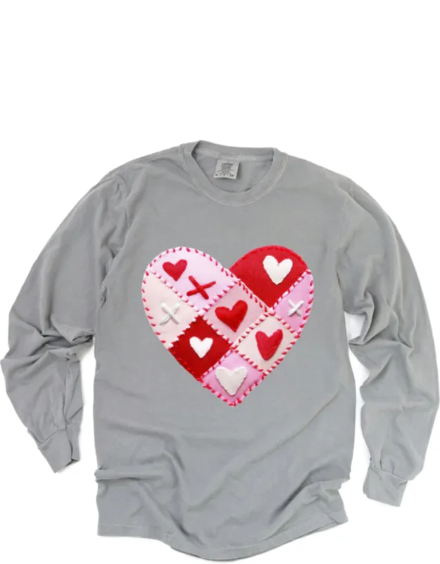 Heart Stitching Patchwork Print - Garment Dyed Long Sleeve Graphic T-shirt