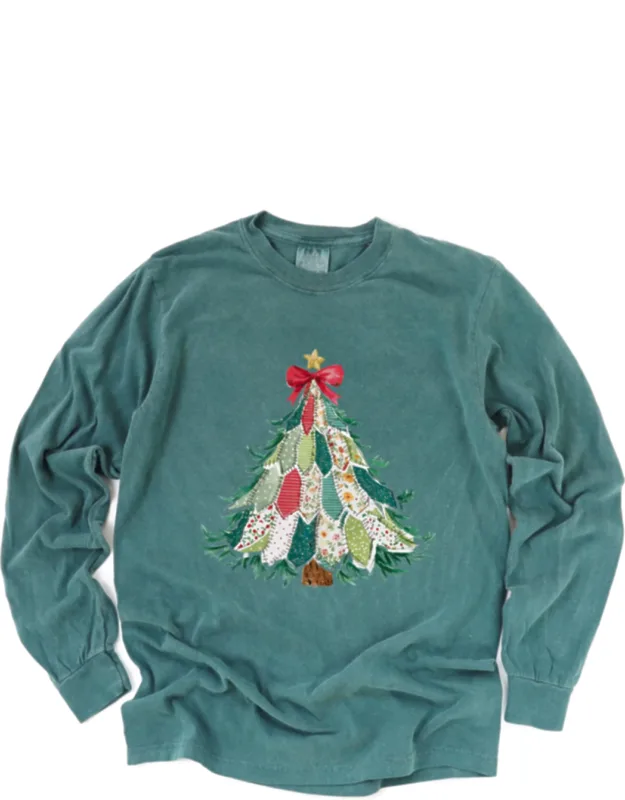 Christmas Tree Stitched Garment Dyed Long Sleeve Graphic T-shirt