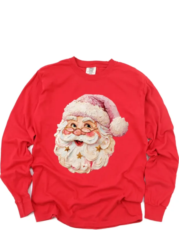 Santa Face Textured Paint - Garment Dyed Long Sleeve Graphic T-shirt