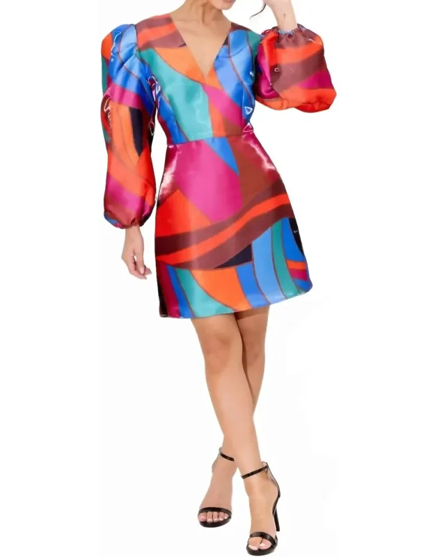 Bridgette Mini Dress In Prism, A-line Silhouette, Three-quarter Sleeves