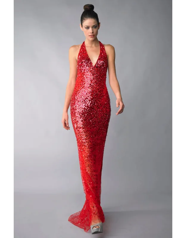 Sequined Halter Evening Dress