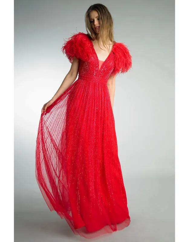 Beaded V Neck Sleeveless Gown With Feather Cape Jacket