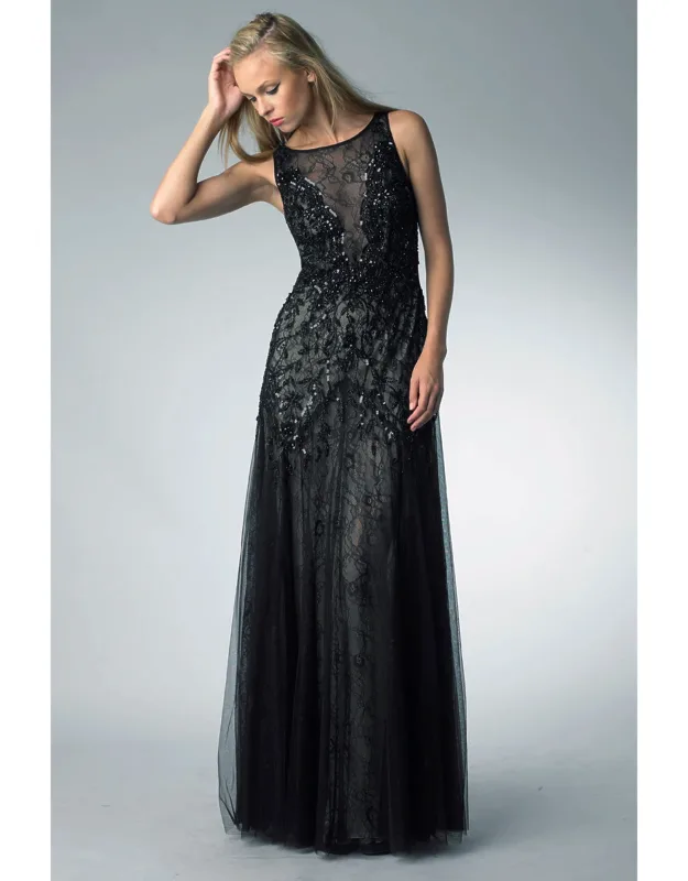 Sleeveless Sequin Sheer Evening Dress