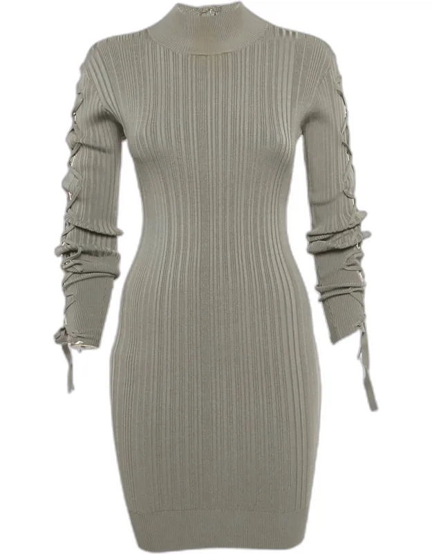 Rib Knit Lace-up Sleeve Mini Dress