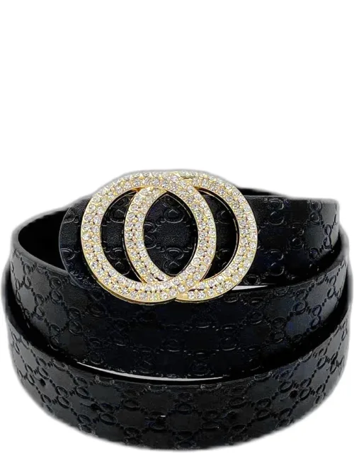 Rhinestone Embellished Double Open Circle Link Buckle Accented Faux Leather Belt