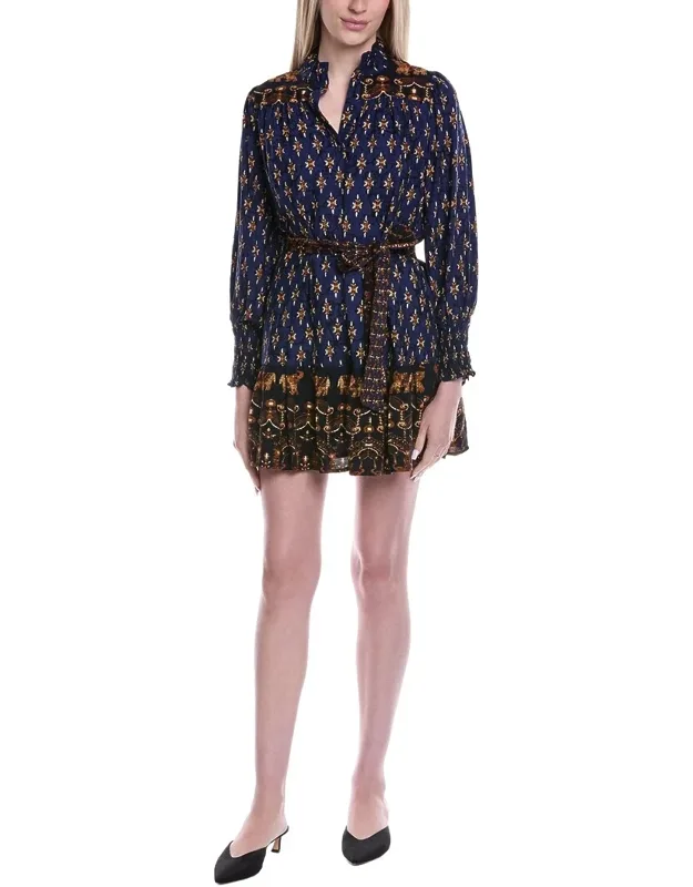 Mini Dress With Pintuck Mock Neck And Tie Sash