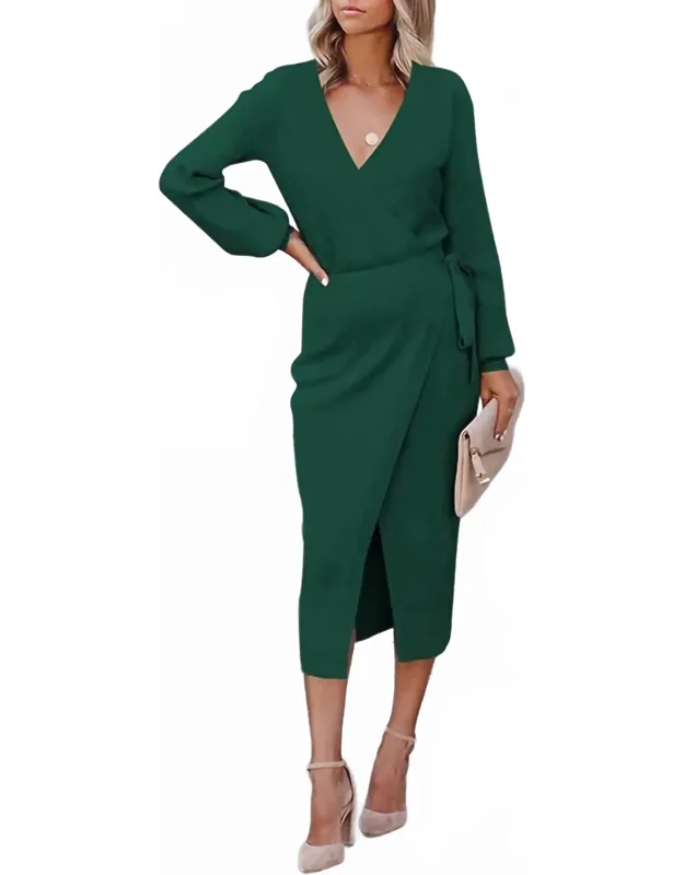 V Neck Belted Knit Dress
