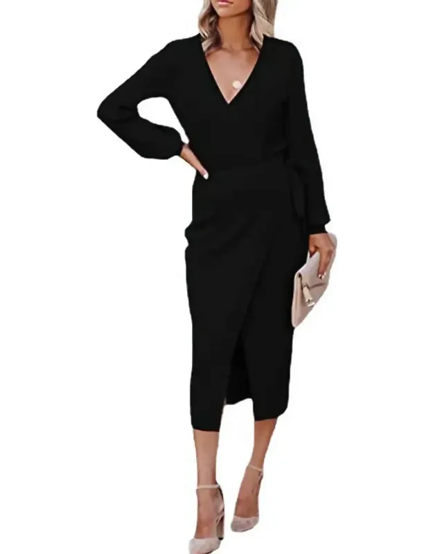 V Neck Belted Knit Dress