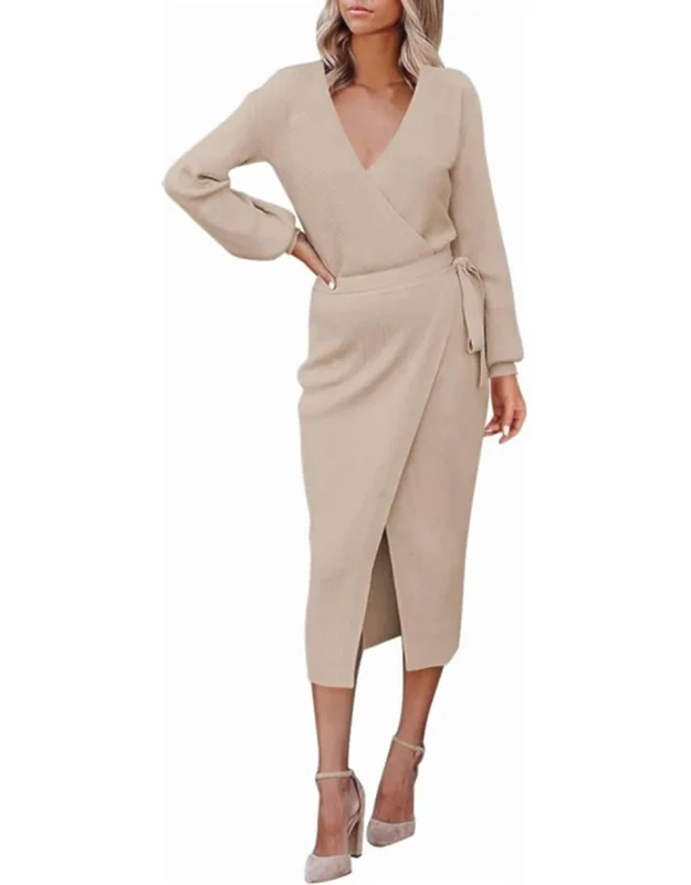 V Neck Belted Long Sleeve Knit Dress