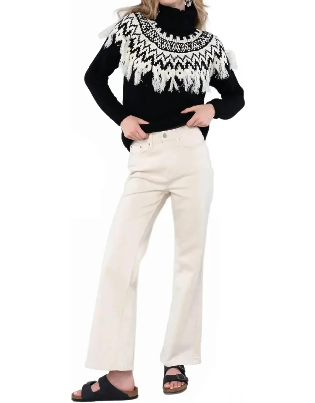 Intarsia Patterned Turtle Neck Fringe Sweater