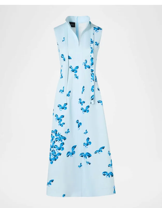 Butterfly-print Cotton Sleeveless Midi Shirtdress