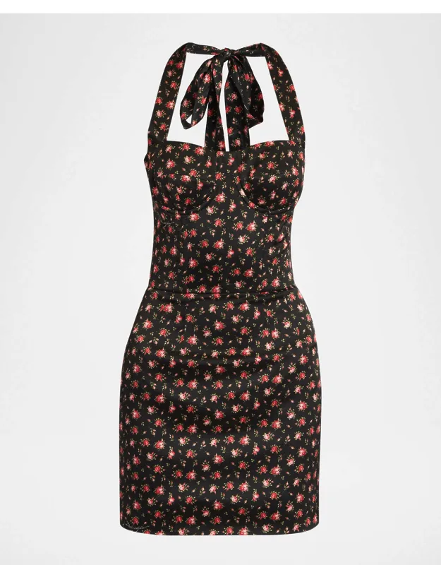 Floral-print Satin Bustier Halter Mini Dress