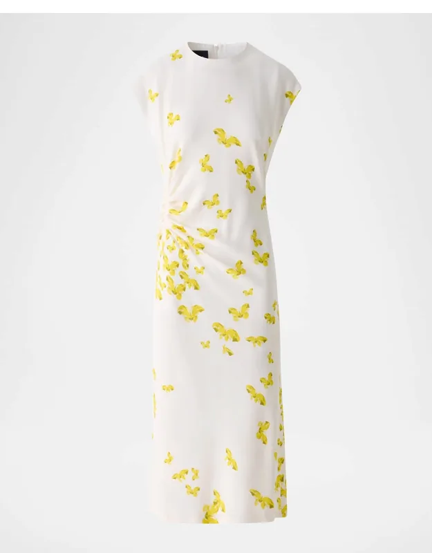 Butterfly-print Viscose Crepon Ruched Midi Dress With Scarf