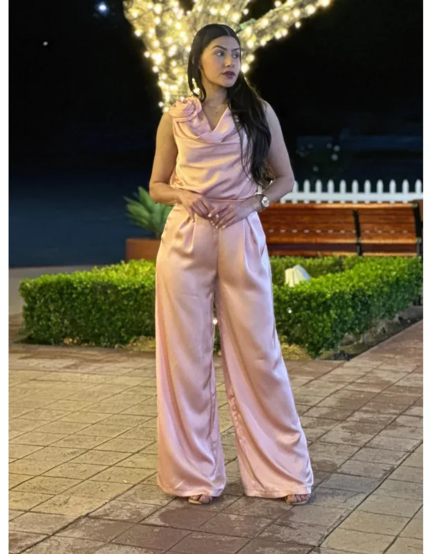 Satin Wide Leg Pants & Flower Sleeveless Top Set