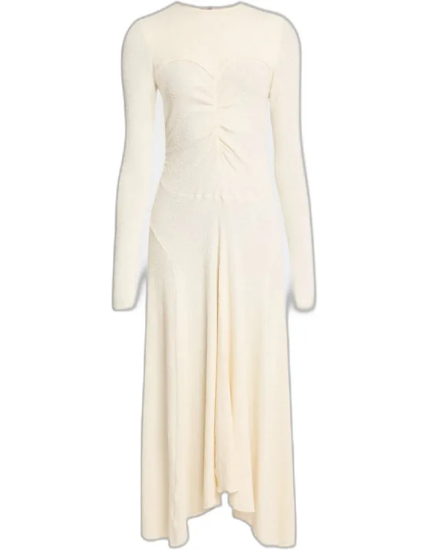 Flora Ruched Boucle Long-sleeve Midi Dress