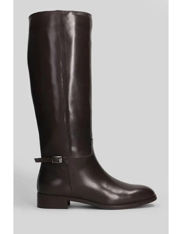 Low Heels Boots In Dark Brown Leather, Strap With Buckle