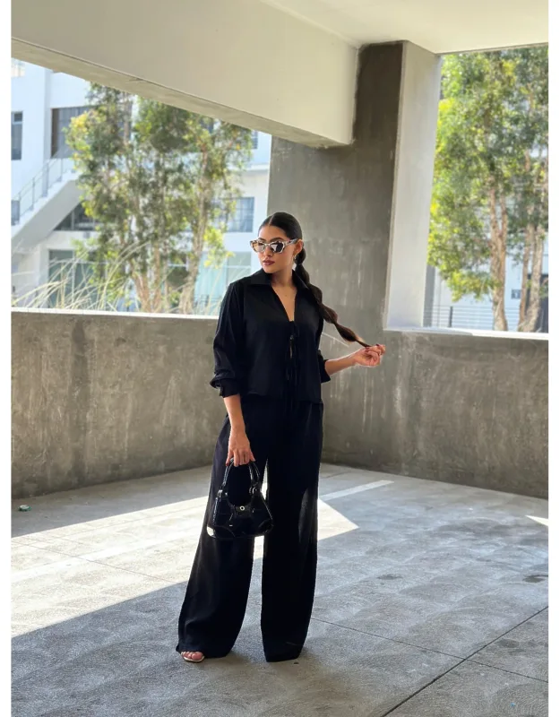 Casual Wide Leg Pants & Long Sleeve Front Tie Set