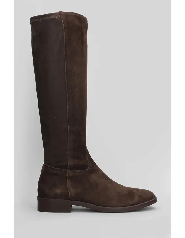 Low Heels Boots In Dark Brown Suede, Round Toe