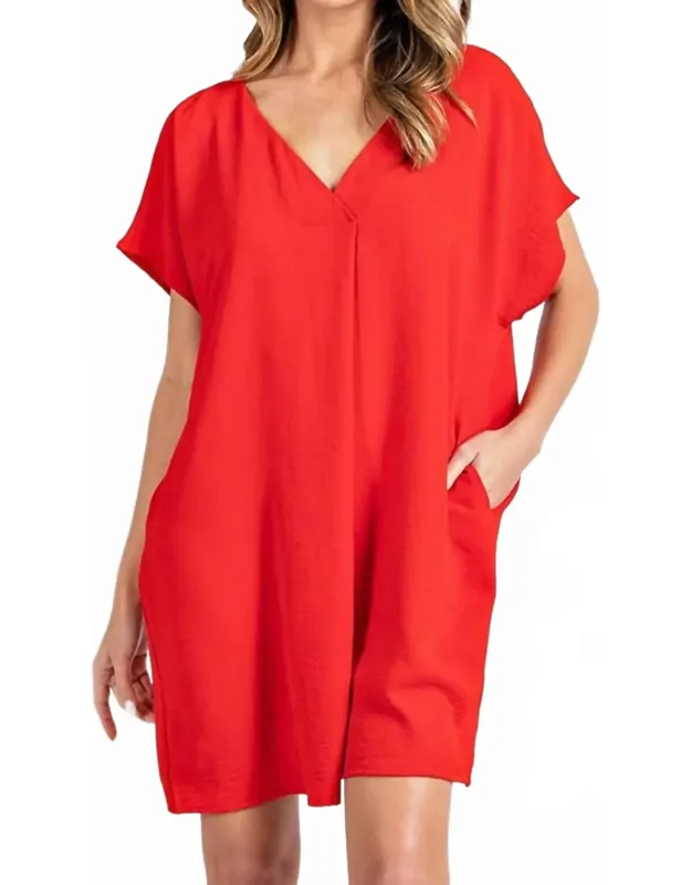 Short Sleeve V-neck Dress With Pockets