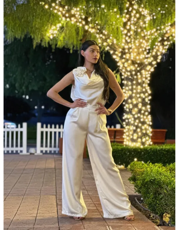 Satin Wide Leg Pants & Flower Sleeveless Top Set