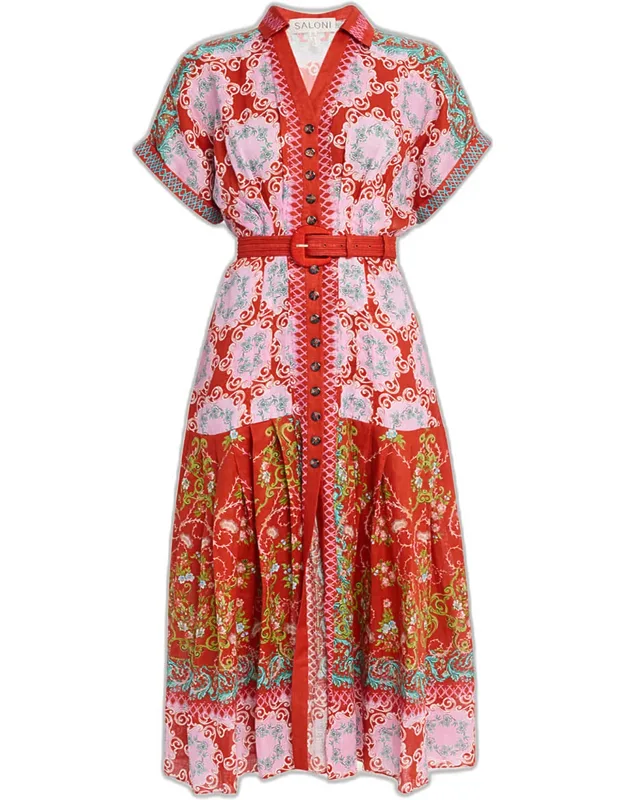 Belted Floral Linen Maxi Shirt Dress