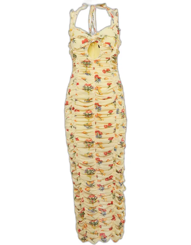 Floral Print Crepe Ruched Maxi Dress