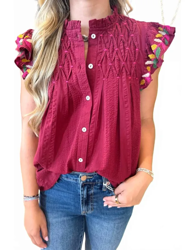 Button-up Embroidery Flutter Sleeve Top