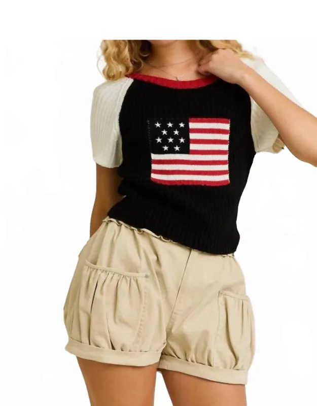 "usa Flag Raglan Short Sleeve Crewneck Ribbed Sweater"