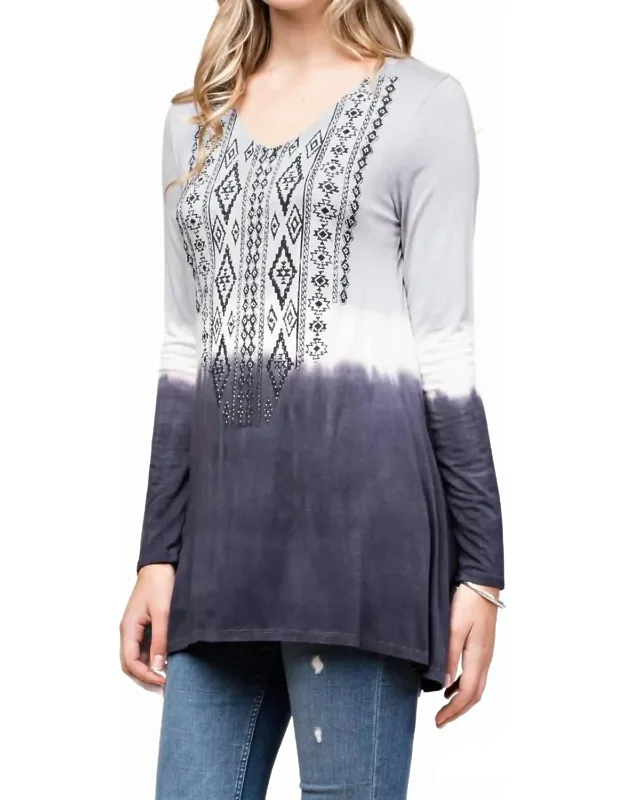 Long Sleeve Top With Print And Stone Accent
