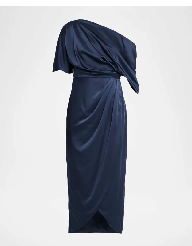 Draped One-shoulder Satin Midi Dress