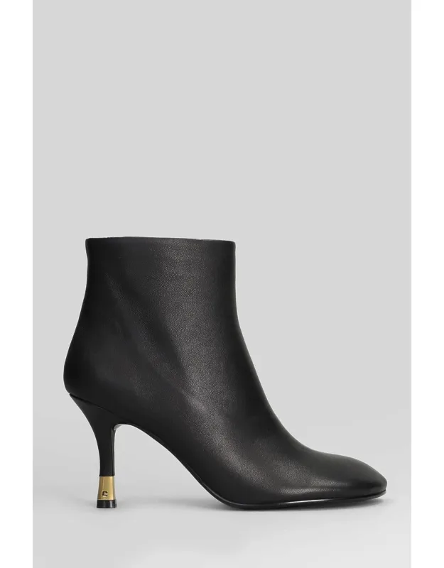 High Heels Ankle Boots In Black Leather, Gold Detail