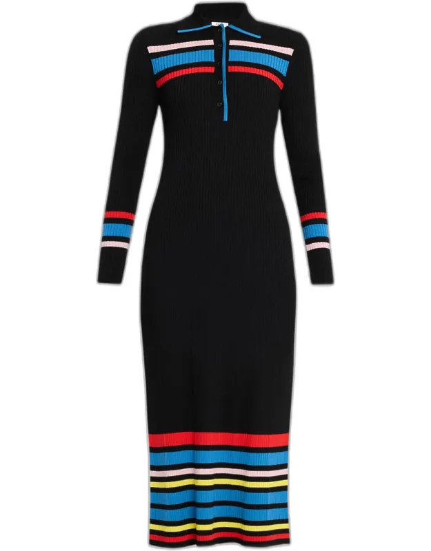 Color-blocked Stripe Rib-knit Midi Dress