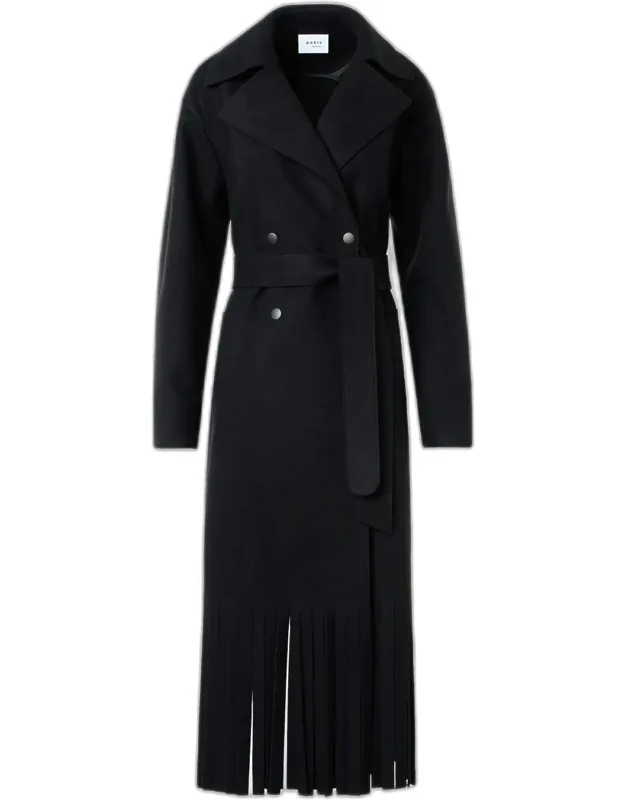 Fringed Wool Belted Maxi Trench Coat