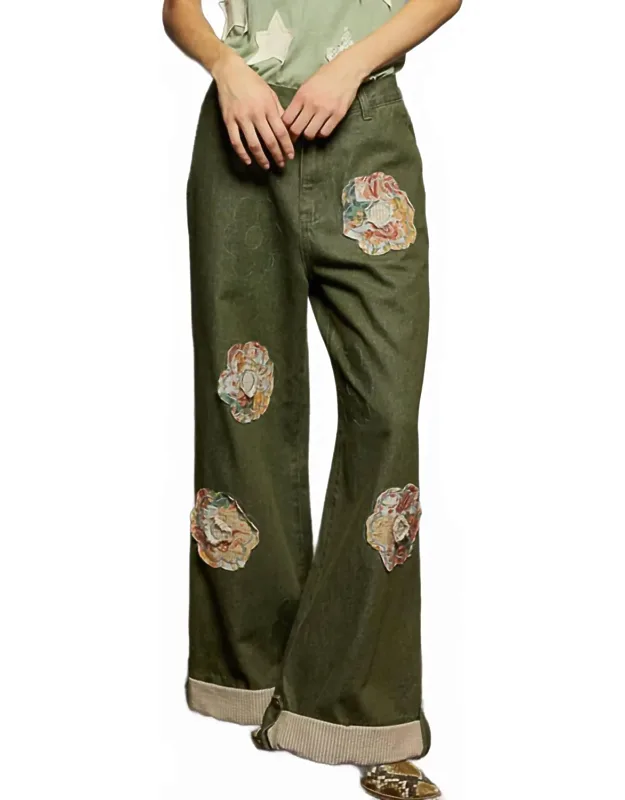 Wide Leg Denim Daisy Patchwork Cuff Jeans
