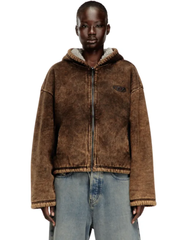 Acid-wash Zip-up Hoodie With Teddy Lining