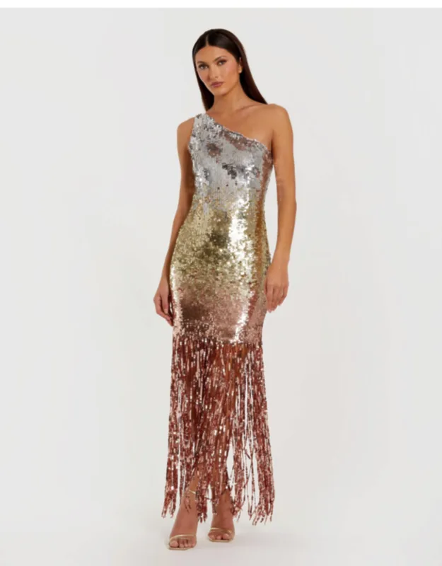 Multicolor Ombre Sequin One Shoulder Fringe Dress